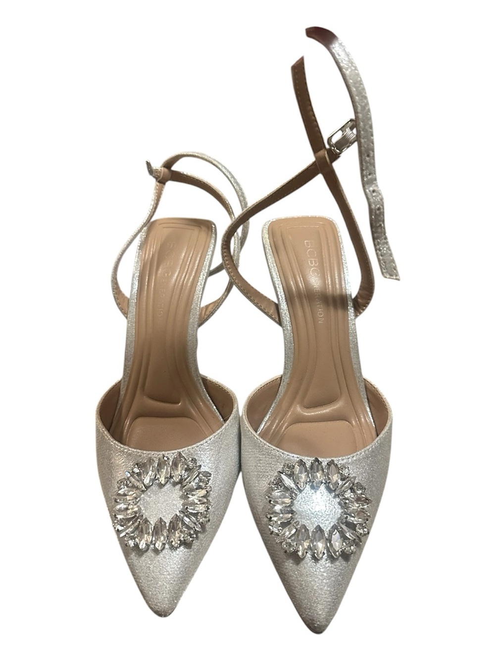 BCBGMAXAZRIA Ipany Ankle Strap Metallic Pumps.